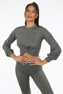 Grey Front Twist Ribbed Trim Tops