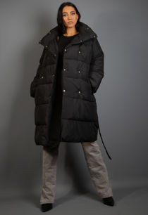 Black Long Padded Belted Puffer Coat