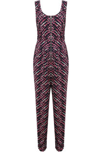 Purple Strip Patterned Front Zip Up Jumpsuit