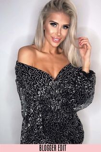 Long Sleeve Sequin Wrap Front Mini Dress in Silver