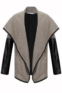 Stone Knitted Ruffle Around PVC Sleeved Jacket