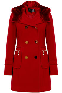 Red Elegant Button Up Fur Collar Hooded Trench Coat 