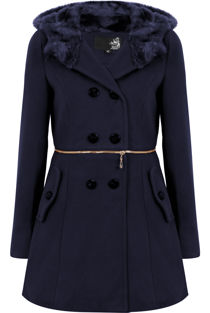 Navy Double Button Detail Fur Hooded Trench Coat