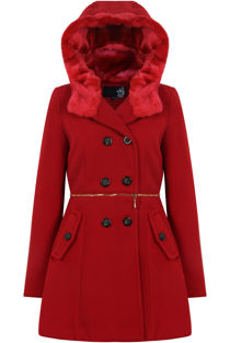 Red Double Button Detail Fur Hooded Trench Coat