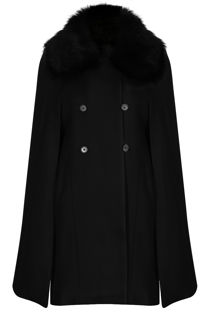Black Fur Collar Wool Cape Overcoat