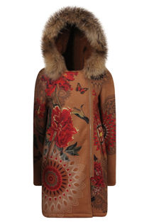 Camel Floral Printed Real Fur Hood Coat