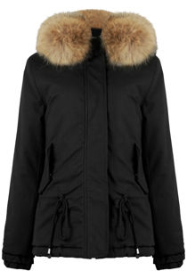  Black Waist Tie Fur Hood Parka Jacket