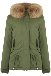  Khaki Waist Tie Fur Hood Parka Jacket