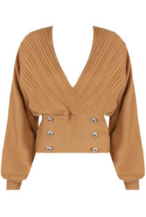 Camel Golden Button Trim Low Neck Wrap Up Tops