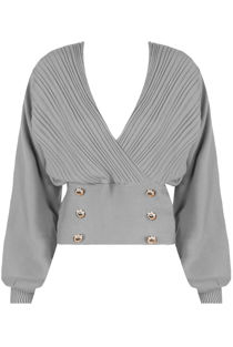 Grey Golden Button Trim Low Neck Wrap Up Tops