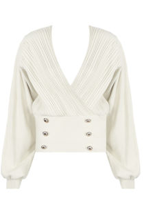 White Golden Button Trim Low Neck Wrap Up Tops