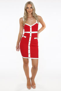 Red Buttons Up Side Pocketed Bodycon Dress