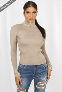 Beige Pearl Trim High Neck Knitted Jumper