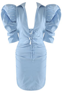 Sky Blue Puffed Sleeves Plunge Neck Dress