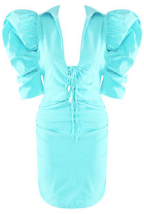Mint Belle Puffed Sleeves Plunge Neck Dress