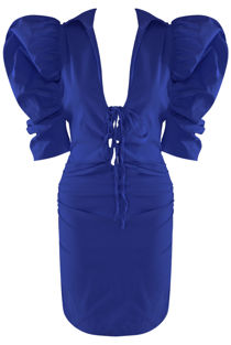 Royal Blue Belle Puffed Sleeves Plunge Neck Dress