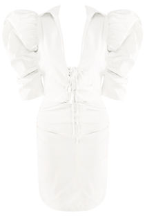 White Puffed Sleeves Plunge Neck Dress