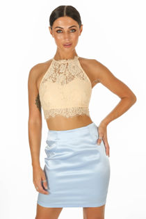 Nude High Neck Eyelash Lace Crop Top