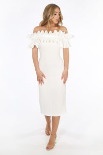 White Neoprene Ruffle Bardot Midi Dress