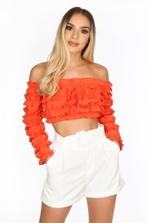 Orange Ruffle Long Sleeve Crop Top