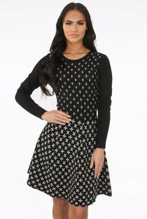 Black Fine Knit Cross Print Midi Dress