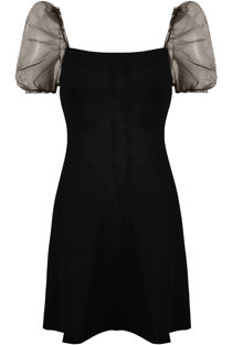 Black Ribbed Chiffon Puff Sleeves Dress