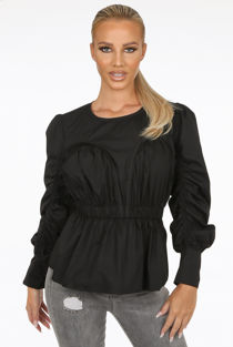 Black Ruched Elasticated Waist Round Neck Blouse