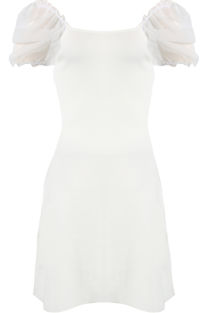 White Ribbed Chiffon Puff Sleeves Dress