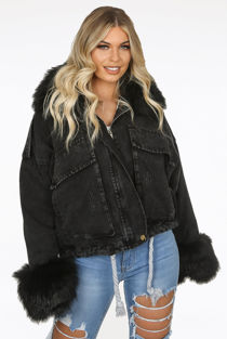 Oversize Fur Lined Denim Jackets in Black 