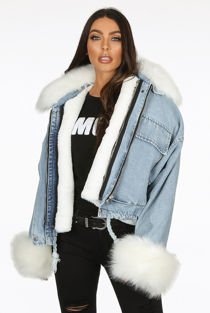Oversize Fur Trim Denim Blue Jacket 