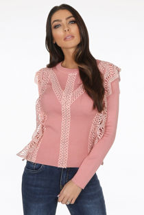 Pink Crochet Lace Long Sleeve Crop Tops