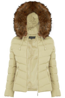 Cream Zipped Pockets Fur Hood Puffa Jackets