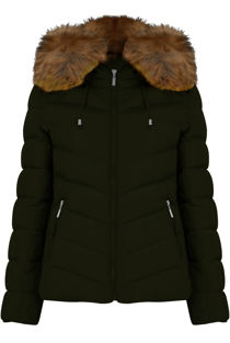 Zipped Pockets Fur Hood Puffa Khaki Jackets