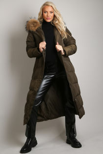 Khaki Long Padded Puffer Coat With Fur Trim Hood