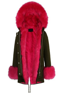 Fuchsia Fur Hood & Cuffs Trim Khaki Parka Coat