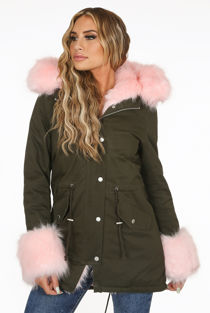 Rose Fur Hood & Cuffs Trim Khaki Parka Coat