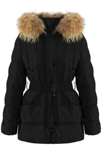 Black Belted Puffer Jacket With Fur Trim Hood