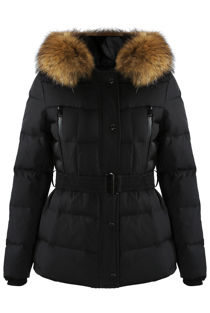 Black Zip Front Belted Puffer Coat With Fur Trim