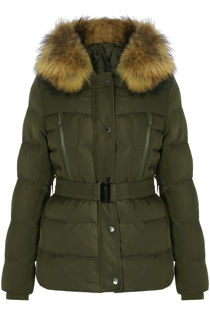 Khaki Zip Front Belted Puffer Coat With Fur Trim