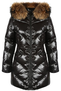 Black Natural Fur Hood Shiny Puffer Coat