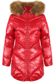 Red Natural Fur Hood Shiny Puffer Coat