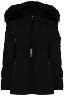 Black with Black Fur Quilted Zip Pockets Puffer Jackets