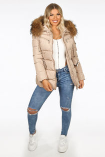 Beige Quilted Zip Pockets Puffa Jackets with Pink Fur