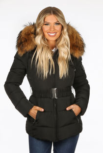 Black Quilted Natural Fur Puffer Jackets