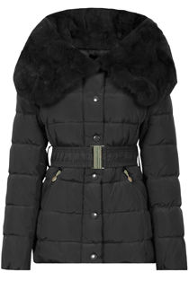 Belted Puffer Jacket With Fur Collar Trim