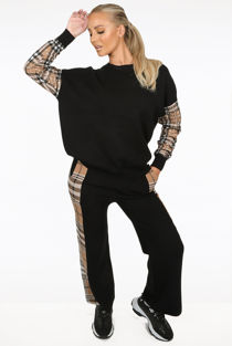 Black Tartan Print Trim Round Neck Jumper & Trouser Set