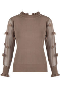 Taupe Mesh Sleeves Ribbed Jumper