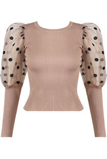 Taupe Polka Dot Mesh Sleeve Jumper