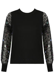 Black Sequin Mesh Trim Knit Top