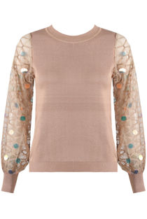 Taupe Sequin Mesh Trim Knit Top